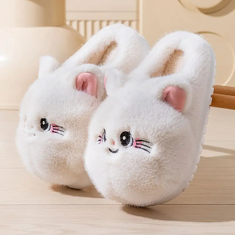 

New kawaii cat slippers woman trend winter warm shoes fur mules fluffy kitty slides women big head kitten designer home slippers