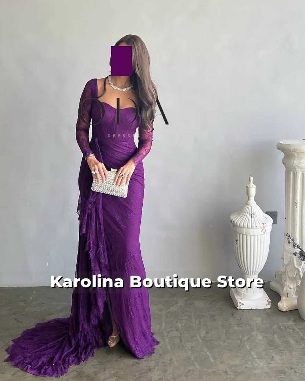 Women Elegant Solid Bodycon Maxi Evening Dress Purple Lace Long Sleeve Lady O-neck Evening Party Vestidos Robe Customized