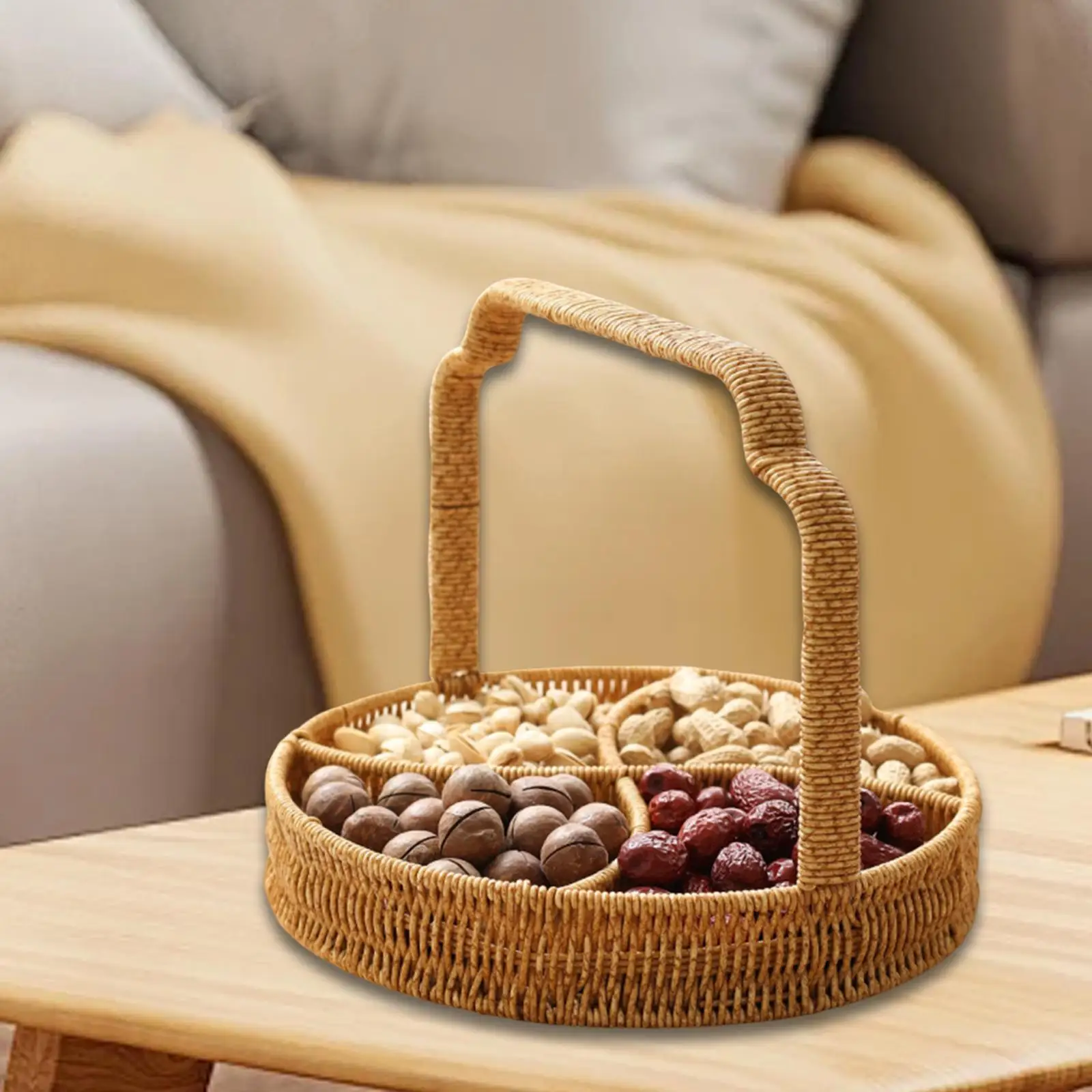 

Woven Fruit Basket Storage Basket Organizer 4 Compartments with Handle for