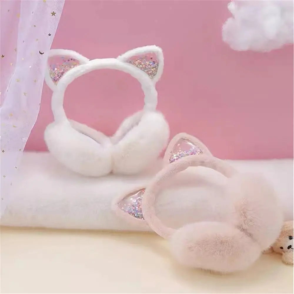 Cute Cat Ears Earmuffs Soft & Warm Sequins Animal Ear Warmers for Women Girls Outdoor Furry Fleece Earmuffs Winter Ear Covers