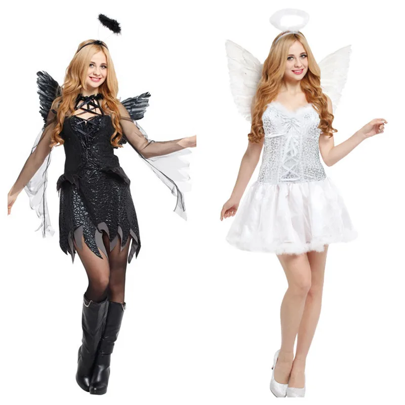 Kostium Cosplay na Halloween czarny biały Demon diabeł anioł pokaz sceniczny przebranie na przyjęcie z efekt aureoli skrzydła z piórami