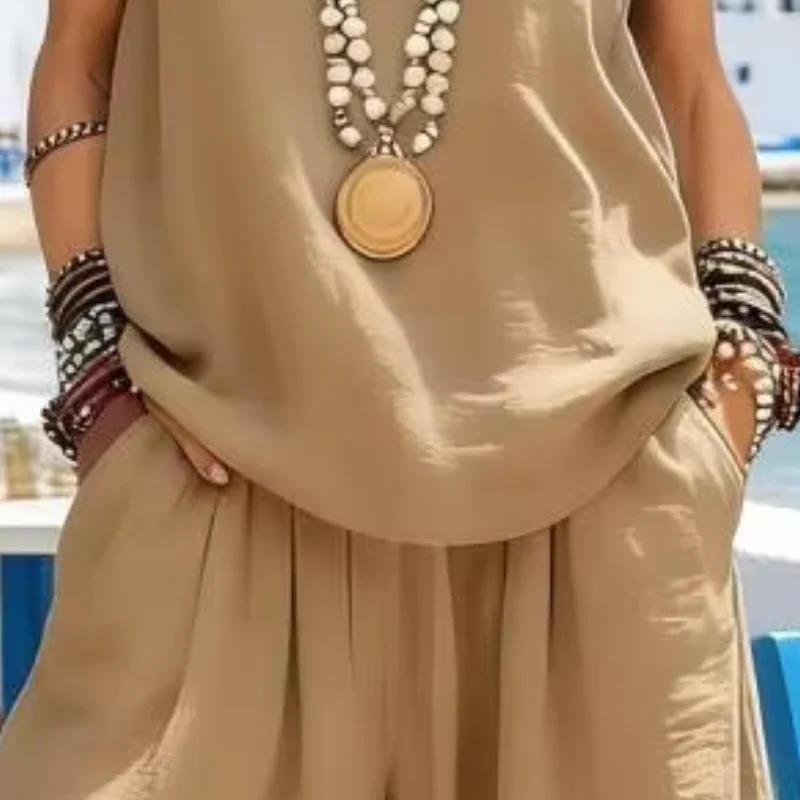 

2 Piece Outfit Simple Casual Women Wear V Neck Top And Wide Leg Pants Set Solid Color Casual Vacation Matching Lounge Set