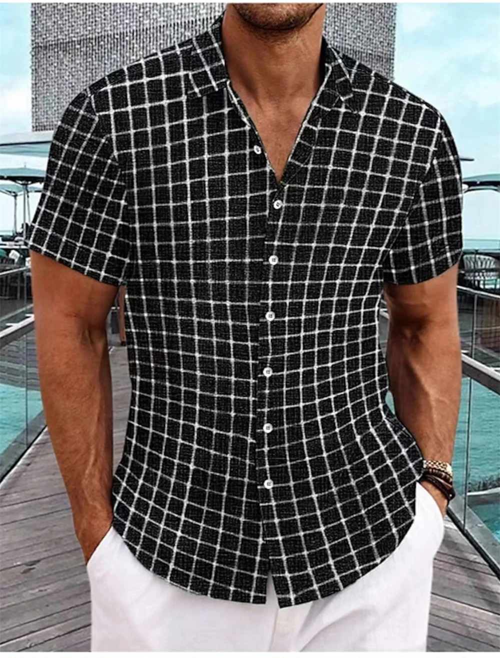 

2024 Summer New Men's Short sleeved Retro Checkered Single breasted Cardigan Shirt Beach Leisure Comfortable Soft Men's Top