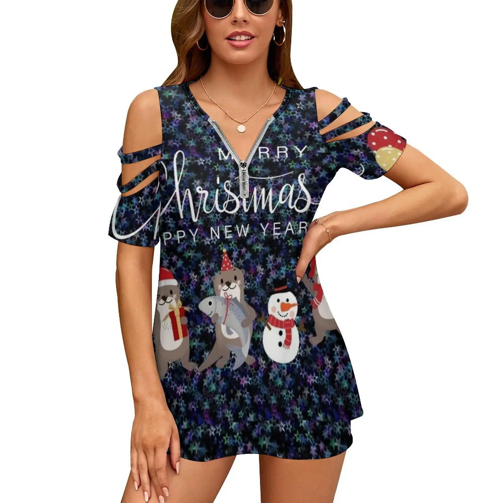 Christmas Otters ( Holding Gifts ) With A Snowman ( Stars / Women's T-Shirt Summer Fashion Print Floral V-Neck Zipper Tshirt