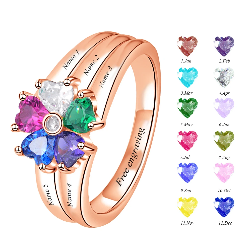 Strollgirl 100% 925 Sterling Silver Personalized Customization Engraved 5 Heart-shaped Birthstones Ring Stelring Silver Jewelry