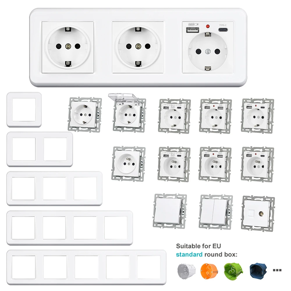 VISWE EU Electrical Socket and Switch, Usb wall socket TV RJ45 Module and plastic panel Free combination DIY round box