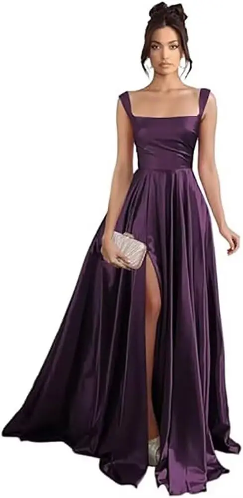 Vestido de fiesta de satén con tirantes finos para mujer, vestido de dama de honor de noche plisado con abertura lateral y bolsillos para ocasiones formales