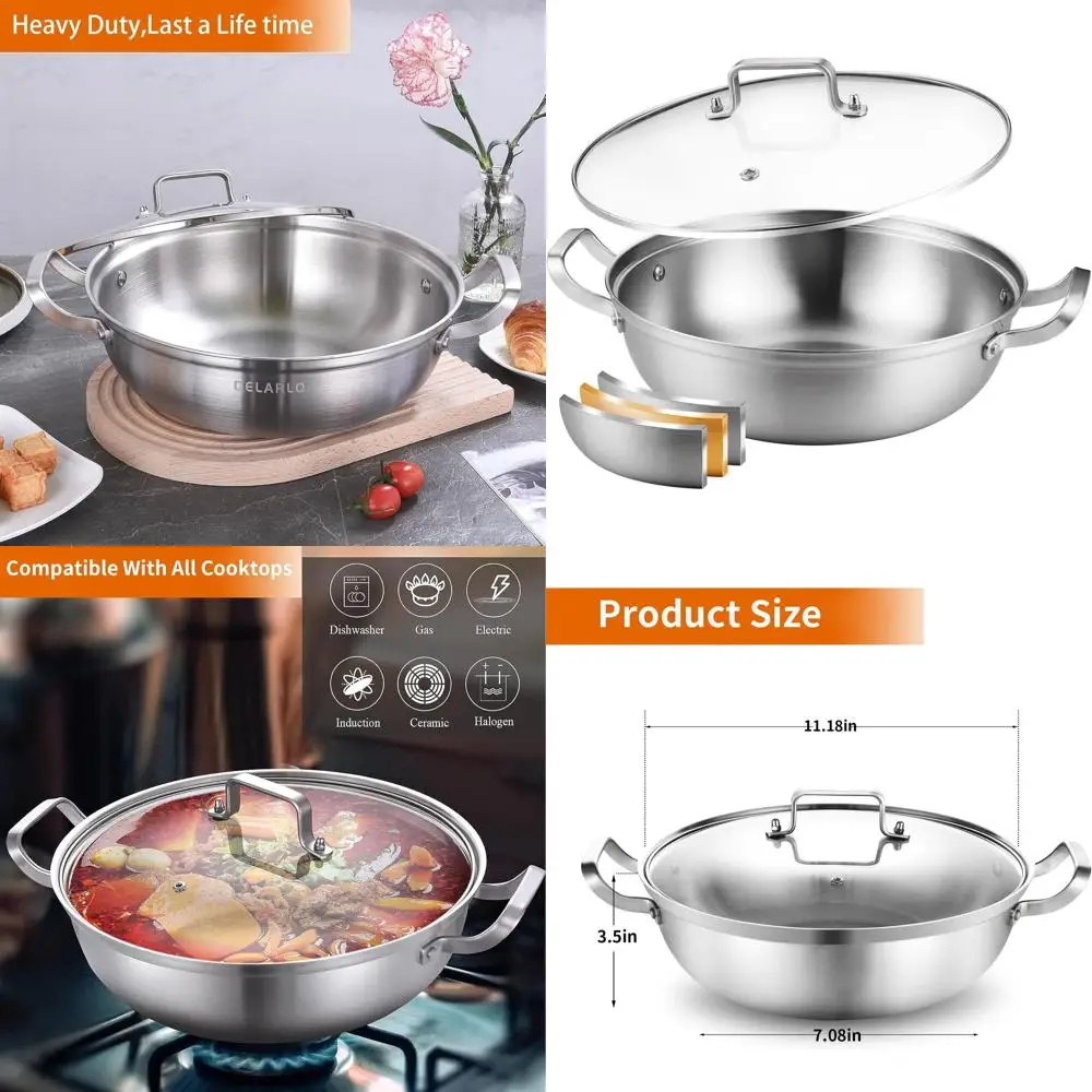 

11-дюймовая трехслойная глубокая кастрюля из нержавеющей стали с крышкой, высокосторонняя кастрюля для приготовления пищи Shabu Shabu, 3,5 QT, безопасная в духовке до 600