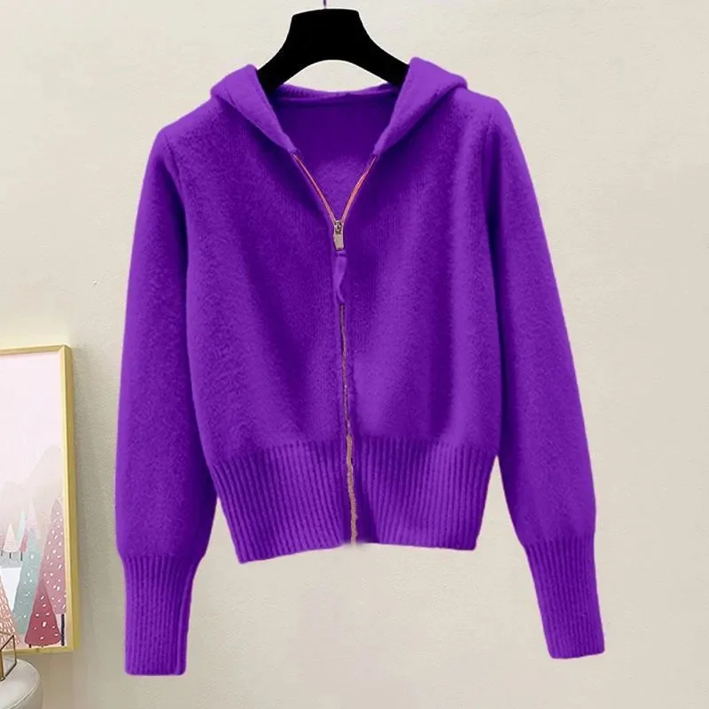 

Women's Autumn Winter Knitted Cardigan Hoodies Sexy Slim Chic Solid Color Sweater Sweet Kawaii Hotties Streetwear