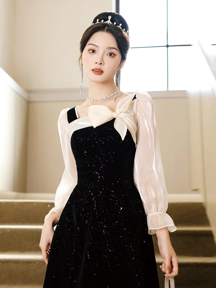 

Ele Long Sve Evening Dr Mid-Length A-Line Skirt Bla High-End Art Exam Host Adult Ceremony Par Ball Gown