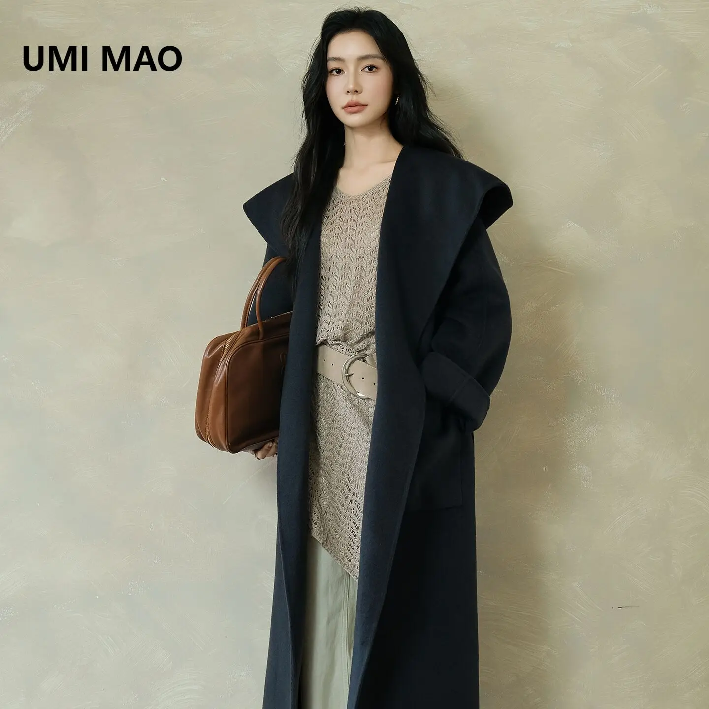 

UMI MAO шерстяная куртка осень-зима новая каннская ночь свободный халат с капюшоном двустороннее пальто из овечьей шерсти средней длины