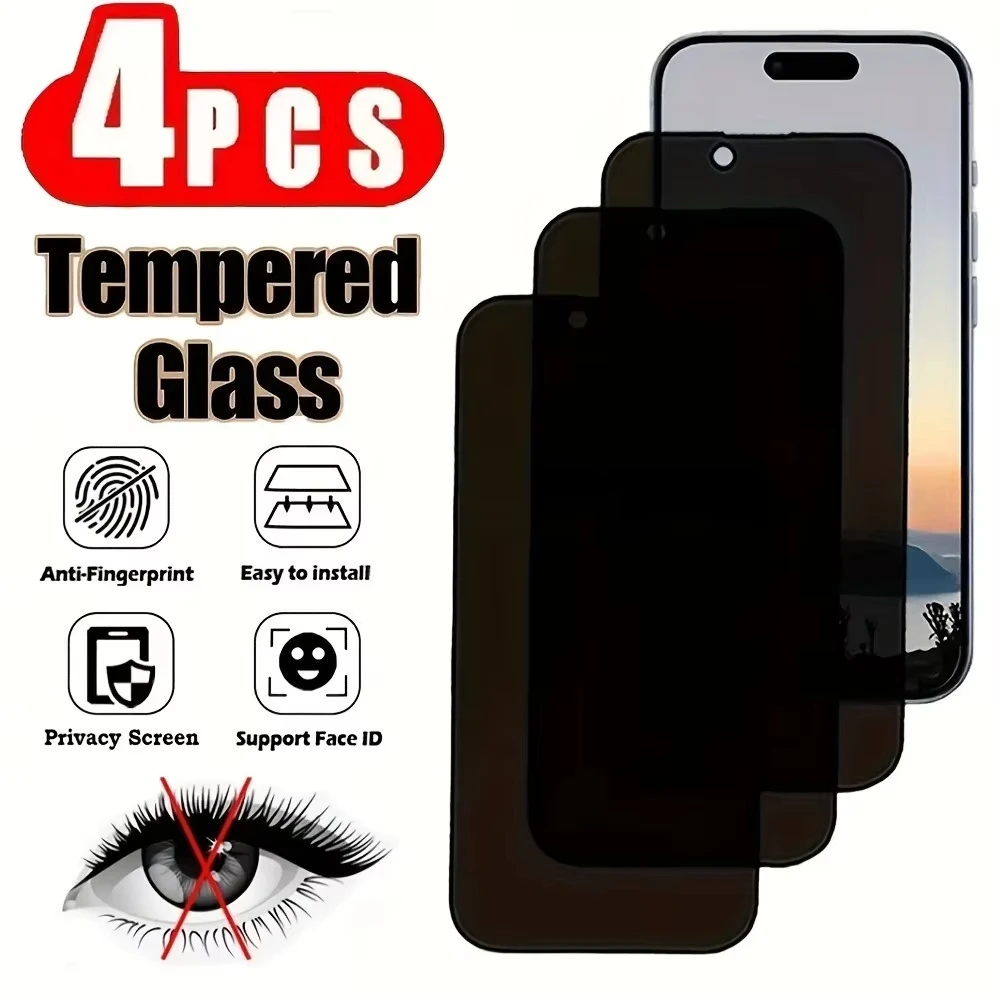 

4Pcs Privacy Screen Protectors for iPhone 16 Pro Max 17 15 14 13 12 11 Pro 6 7 8 Plus XR XS Max 16e Anti-Spy Tempered Glass Film