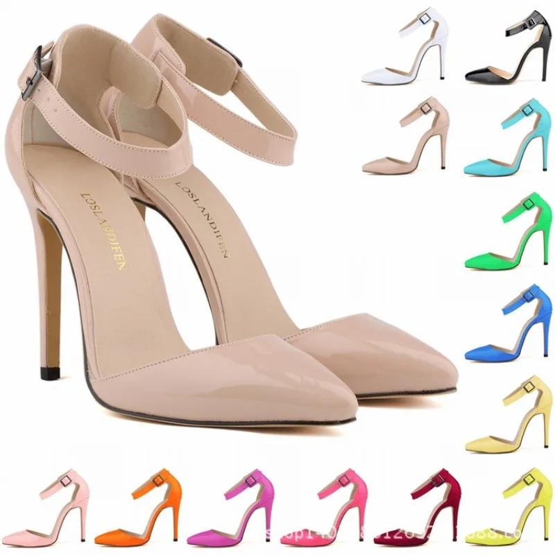 

Big Size 35-42 Ladies Office Work Shoes Summer Patent Leather High Heels Women 8cm Thin Heel Pointed Toe Buckle Strap Sandals