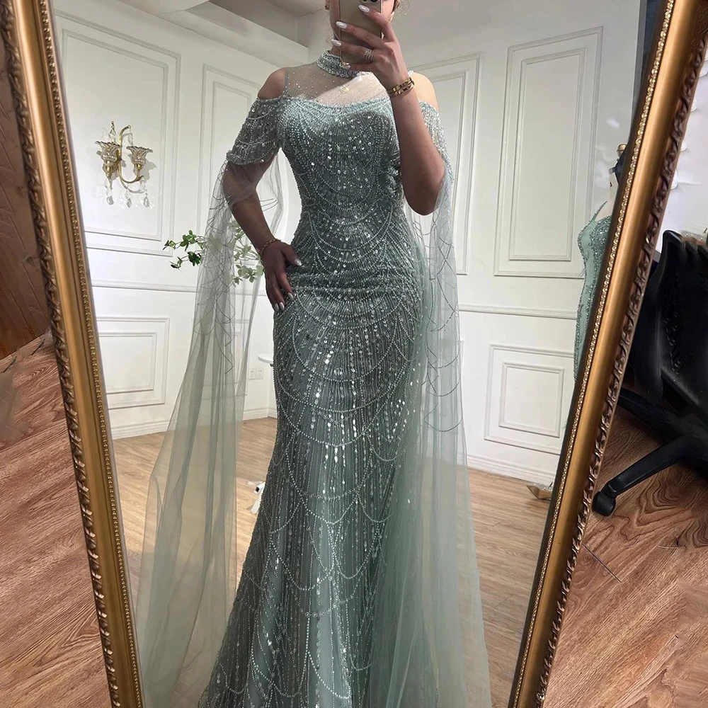 2024 Evening Dress Mermaid Luxury Arabic Cape Sleeve Beaded Pearls Sequined Long Formal Wedding Party Prom Gowns Vestido De Gala