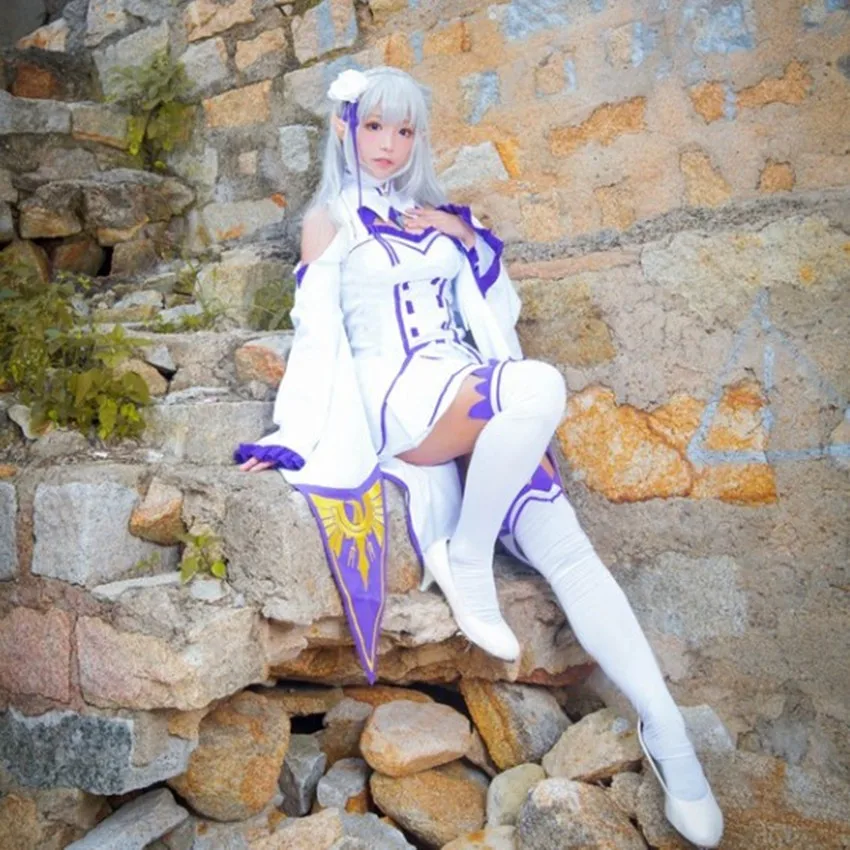 Re Zero Anime Cosplay Fantasias Femininas, Kara Hajimeru, Isekai, Seikatsu, Emília, Peruca, Vestido, Cocar, Conjunto completo, Roupas de Festa de Halloween