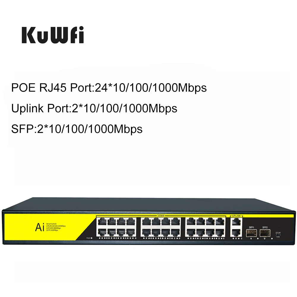 KuWFi 24G22GB 1U Standard Rack 52G Full Duplex 1000Mbps 24 Port Gigabit POE Switch 1000M RJ45 UPLINK SFP Switch Network Switches