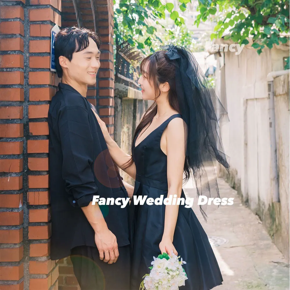 

Fancy Sexy V Neck Wedding Dress Korea Photography Square Neck Mini Short Party Dresses Back Corset Zip Customized