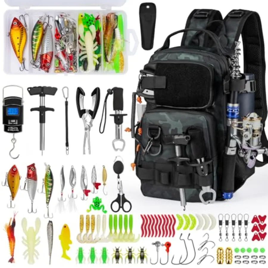 

THKFISH Fishing Backpack with Rod Holder for Men Women Water-Resistant Black Camo Fishing Tool Kit with Lures Tackle Box and Pl