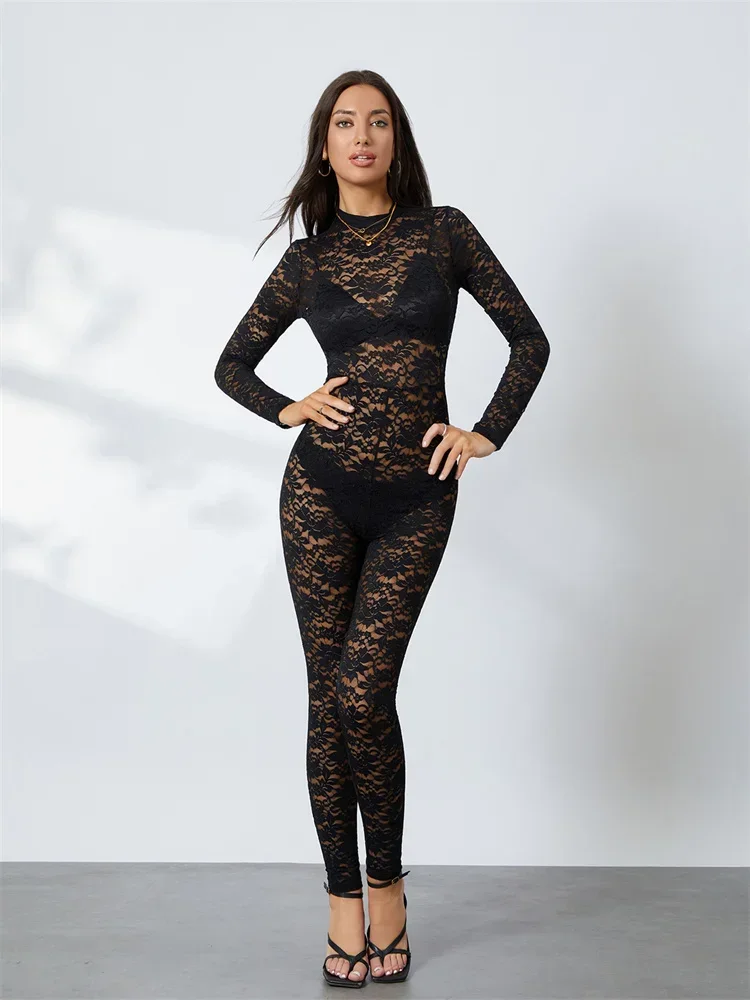 Women's Lace Jacquard Jumpsuits Long Sleeve Mock Neck Bodycon Long Romper See Through Club Sexy Overalls Streetwear