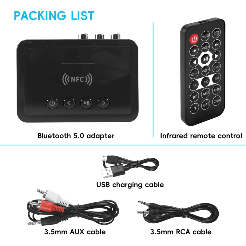 Приемник Bluetooth 5,0, передатчик, FM-стерео AUX, разъем 3,5 мм, RCA, беспроводной NFC, Bluetooth-аудио адаптер для ТВ, ПК, наушников