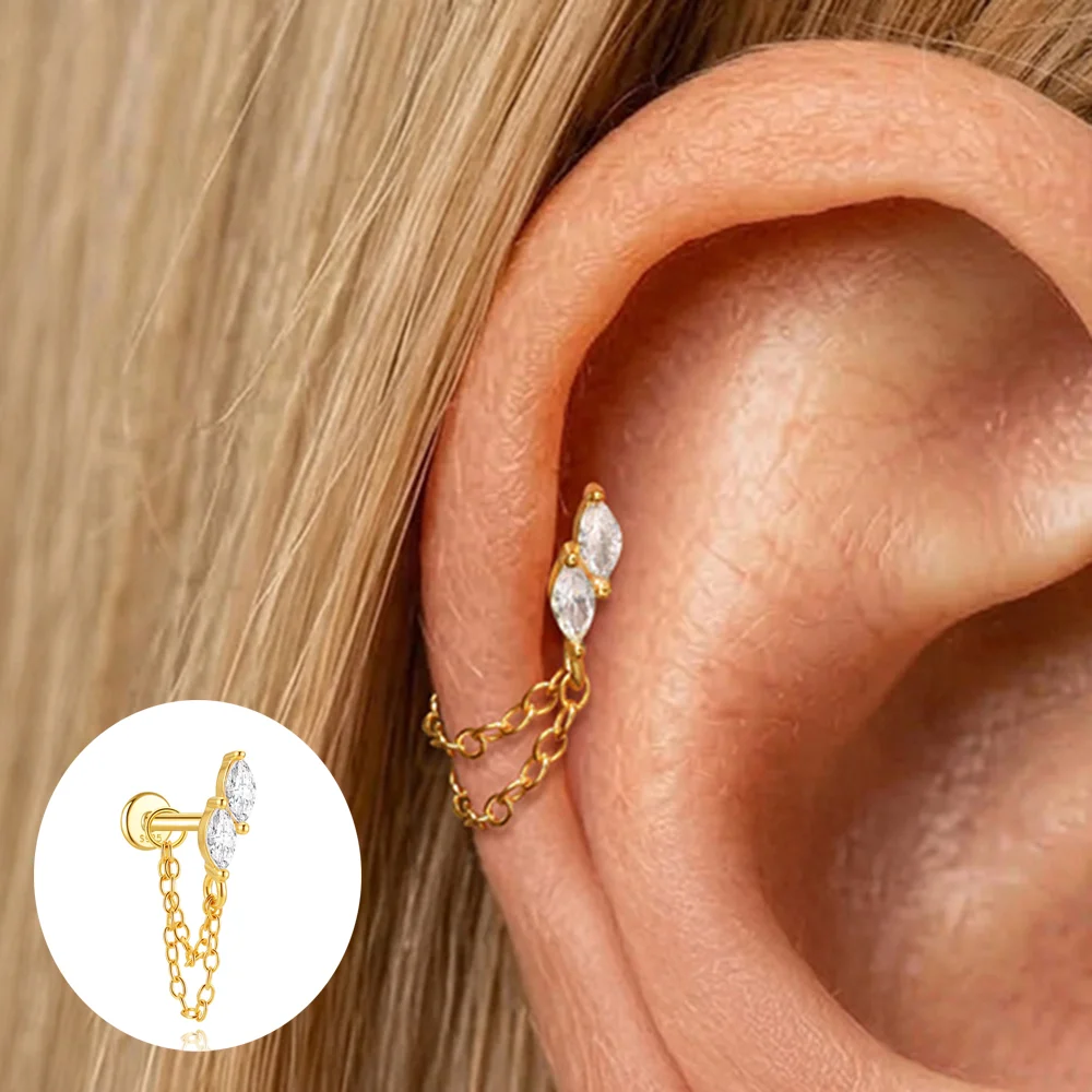 AIDE 925 Sterling Silver Kite Stone Double-layer Tassel For Women 16G Flat Back Internal Thread Piercing Earrings Fine Jewelry