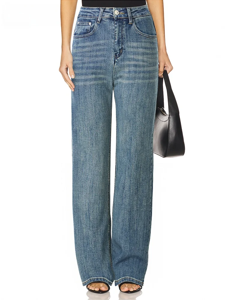

Deep Blue Faded High Waist Straight Leg Denim Jeans Casual Style Sleep over Sleep Brand Women's Premium Quality Cotton Blend