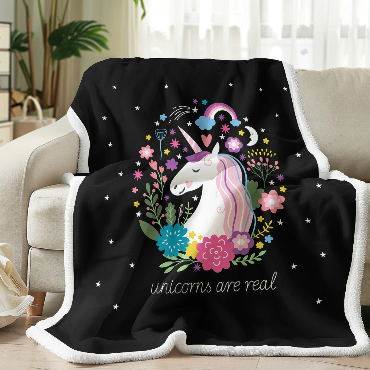 

Colorful Unicorn Sherpa Fleece Blanket Floral Cartoon Sherpa Blanket for Kid Girl Couch Soft Plush Bedspreads Bedroom Decor Gift