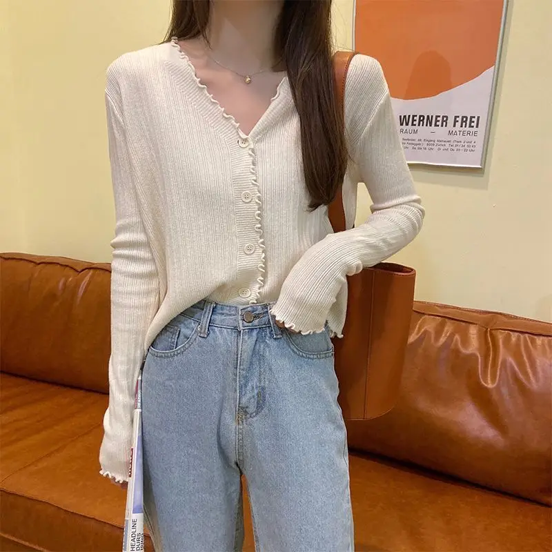 

Cardigan Women Long Sleeve Simple Korean Style Solid Stylish Knit V-neck All-match Casual Popular College High Street Knitwear