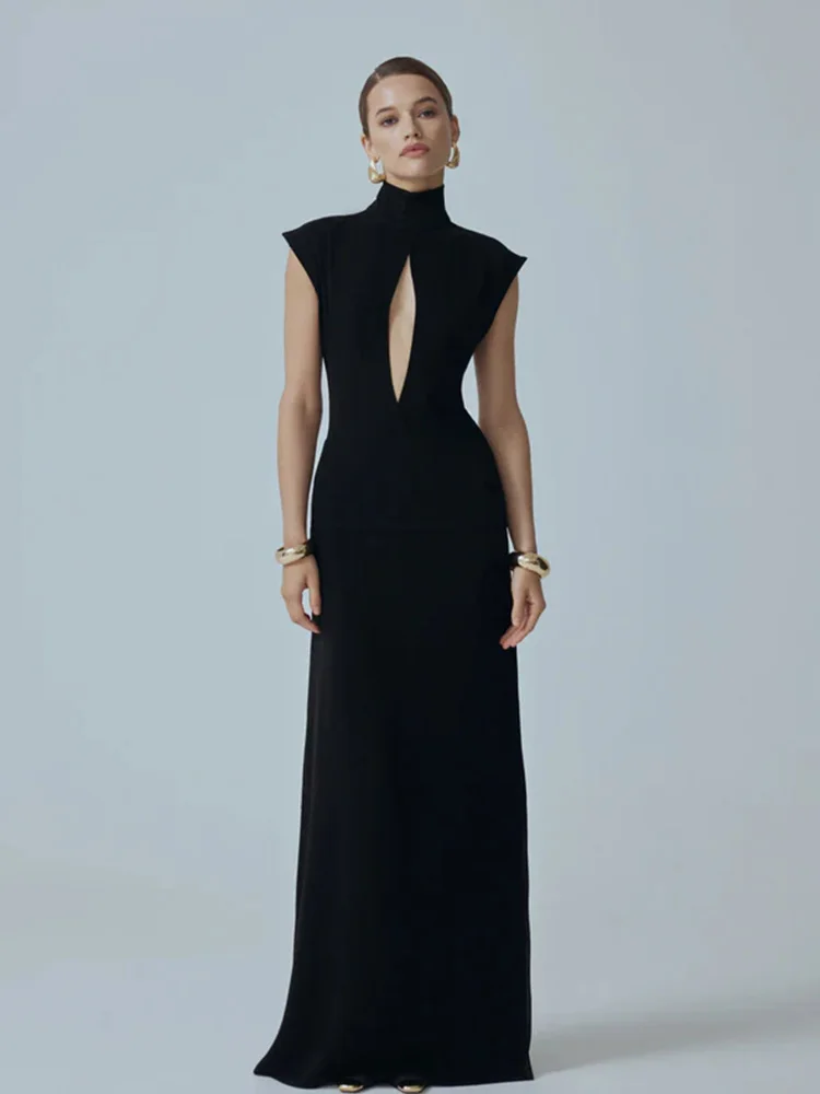 Chic nero indietro pizzo ritaglio maxi vestito da donna dolcevita casual senza maniche scava fuori spacco sottile abiti 2026 abito da sera da donna