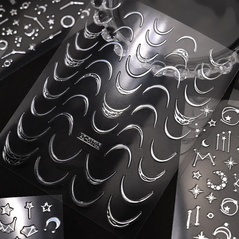 1 pz argento francese tasse/linea/stella/luna/amore adesivi per nail art 3D cascata/frangia cursore autoadesivo decalcomanie per manicure di lusso *