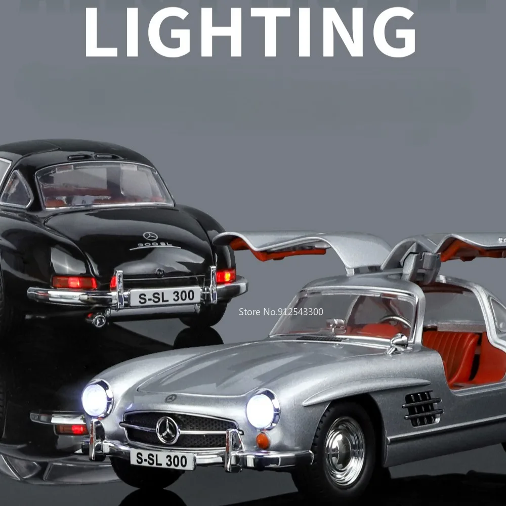 Modelo de coche clásico 300SL a escala 1:24, juguete con luz de sonido, adornos para tirar hacia atrás, absorción de impacto, 4 puertas, vehículo abierto, regalos para niños