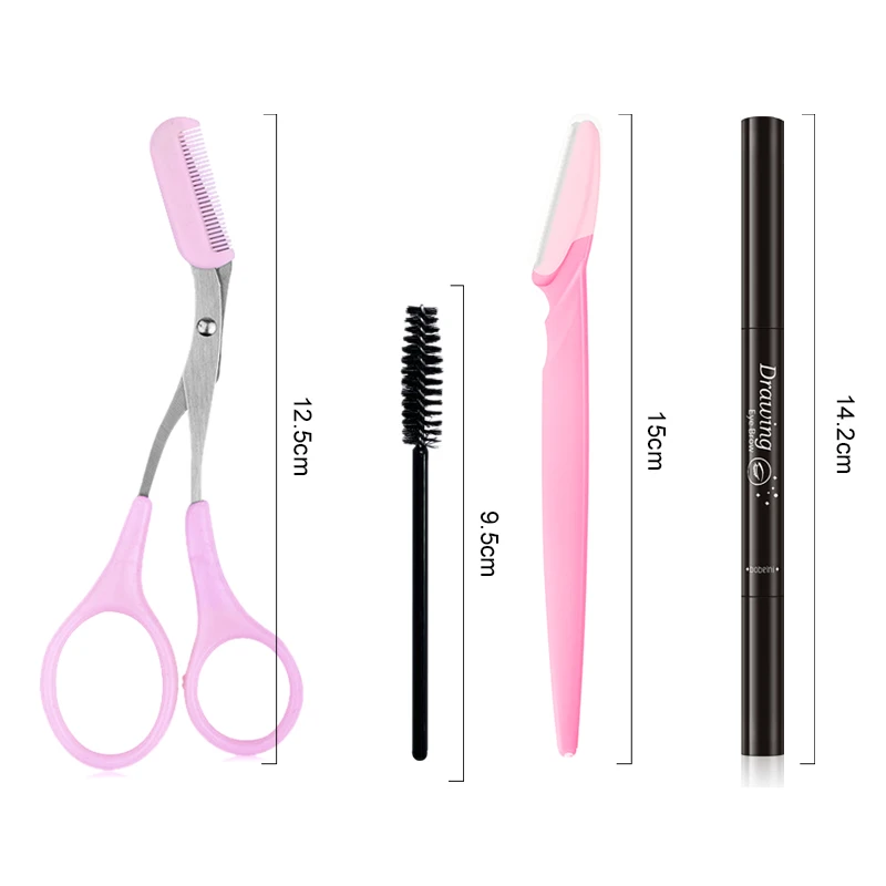 Aço inoxidável Maquiagem Sobrancelha Trimmer, Sobrancelha Board Set, Sobrancelha Scissors, Lápis Preto, Produtos de beleza, 14Pcs