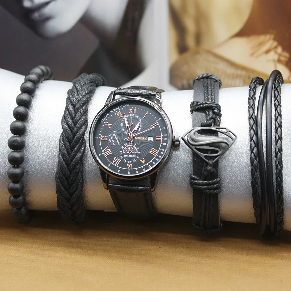 

5pcs Set Men Watch Bracelets Automatic Date Fashion Casual Multipiece Male Watch for Boyfriend Gift Include Bracelet Box