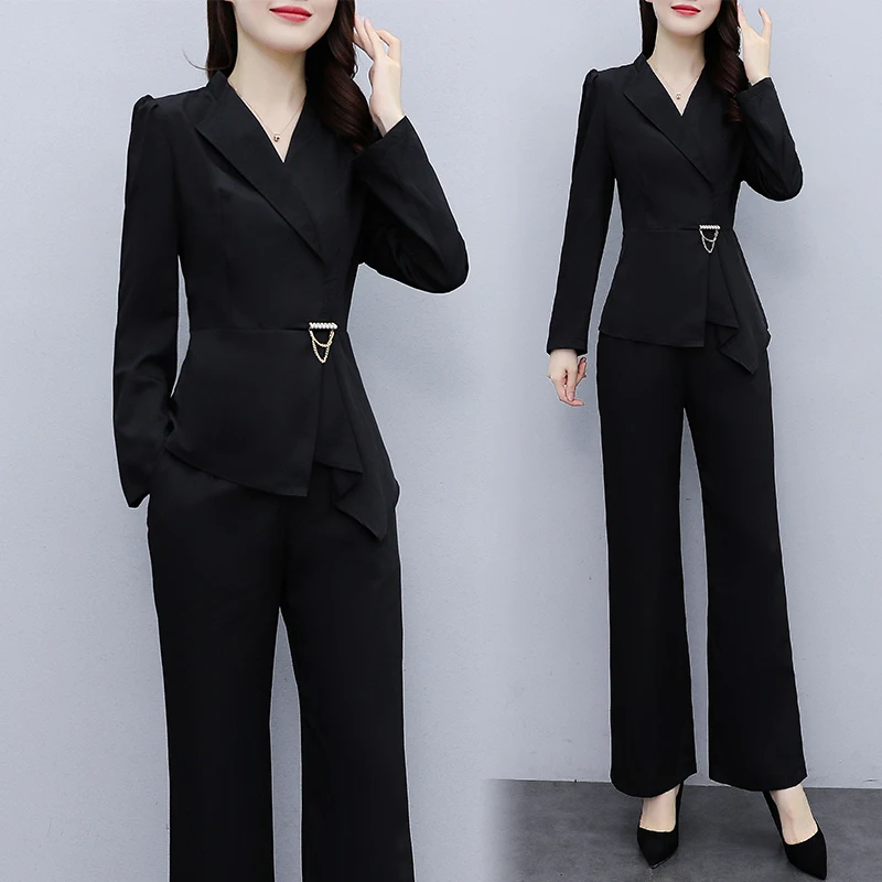 Elegant Women Business Suit 2Pcs Summer Autumn Fashion Blazer Commuter Pants Sets Korean Office Lady Female Large Size Outfit