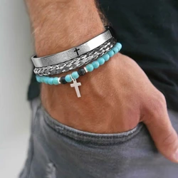 3pcs/Set Men Stainless Steel Carving Spanish Scripture Bangle Stone Beads Cross Bracelet Luxury Handmade Jewelry Pulseras
