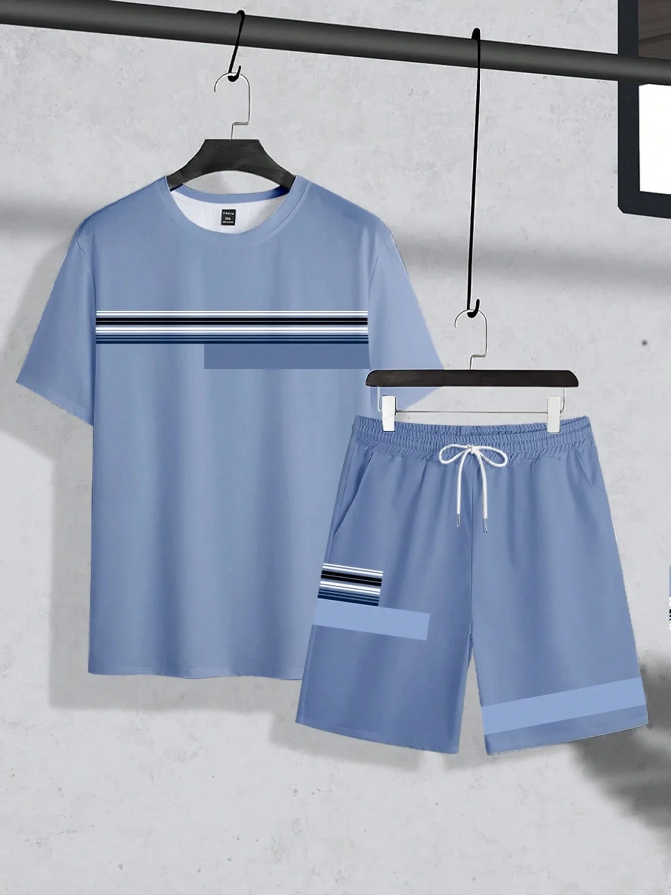 

Men's Striped Crew Neck Short Sleeve T-Shirt And Drawstring Shorts Set