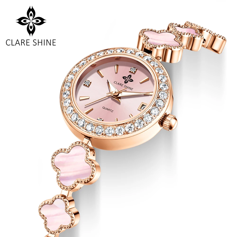 CLARE SHINE Women's Watches Necklace Gift Box Set High-end Diamond Bezel Quartz Wristwatches for Woman Elegant Ladies Watch 7701