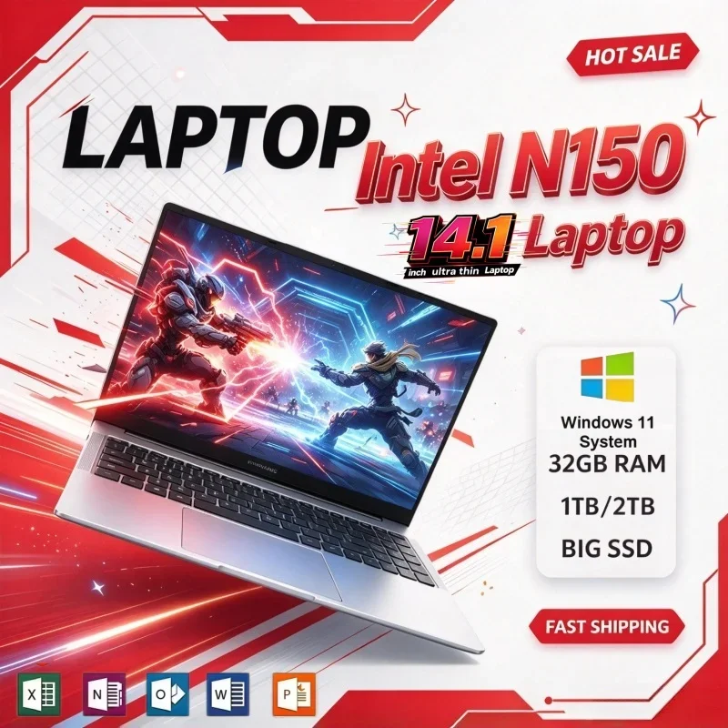 14.1 Inch Hot Selling Intel N150 Ultra-thin Portable Laptop 2026 Laptop Windows11 1/2TB Large SSD 16GB/32GB RAM