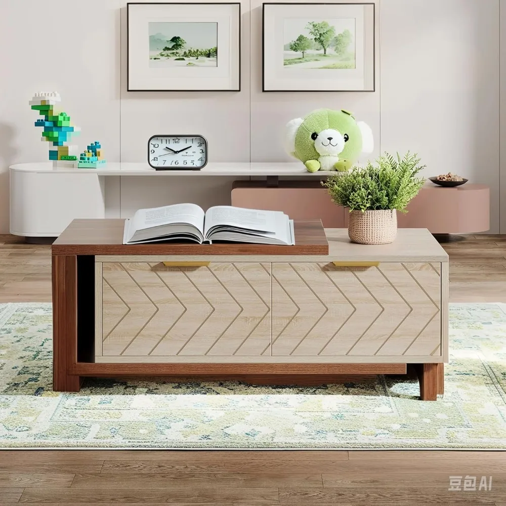 Expandable Home Rectangular Wooden Coffee Table, Living Room Center Coffee Table with Storage Drawers, Open Shelves, Natural