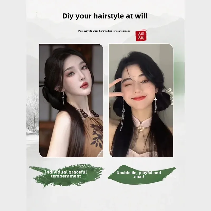المرأة النمط الصيني مايكرو مجعد شعر مستعار طويل Hanfu المتكاملة الكرة دبوس الشعر الألياف الآسيوية ذيل الحصان شعر مستعار لتصفيف الشعر