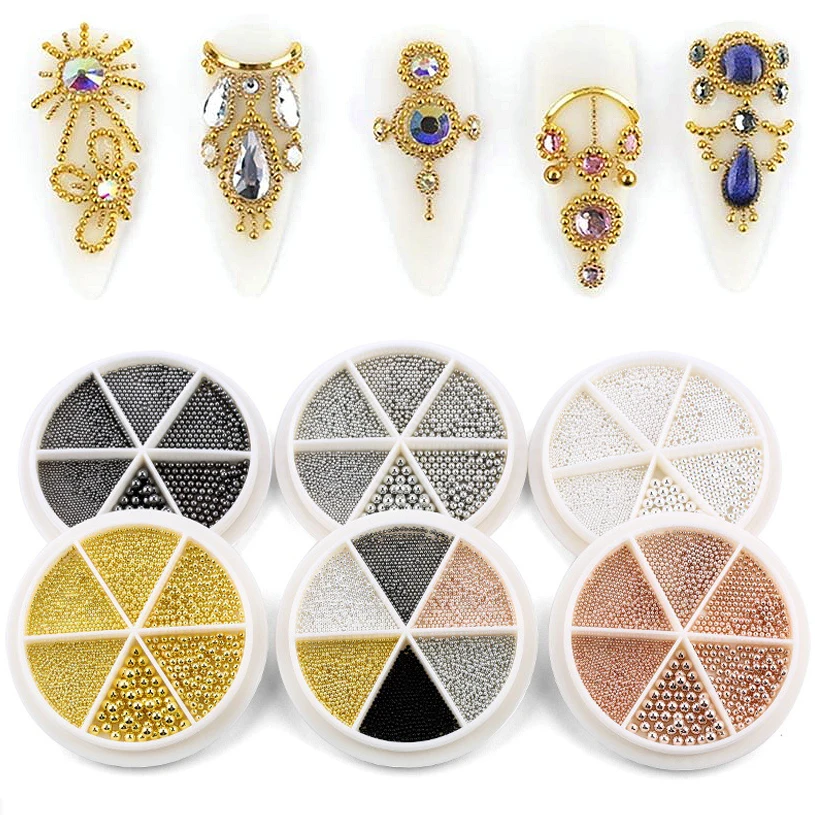 

6 Grids Mixed Size Nail Art Tiny Steel Caviar Beads Supplies 0.8-3.0MM Rose Gold Silver Round Metal Beads For Nails Decoration
