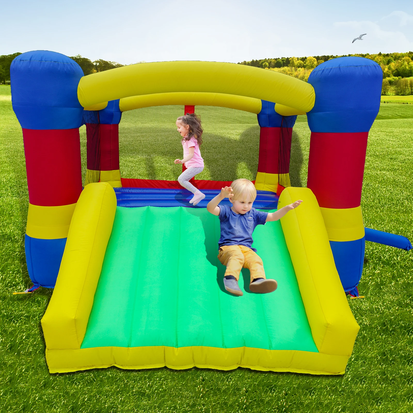 บ้านลมพร้อมสไลเดอร์, บ้านเด้งดึ๋งสำหรับเด็กอายุ 3-6 ปี ใช้ได้ทั้งในร่มและกลางแจ้ง, ผนังตาข่ายนิรภัย, ปราสาทลม 11.5'x9'