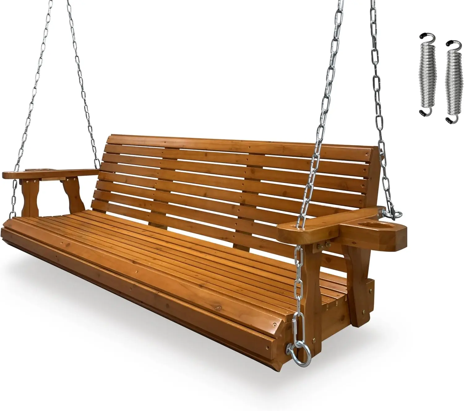 Candy Wooden Porch Swing 3-Seater, Bench Swing with Cupholders, Hanging Chains and 7mm Springs, Heavy Duty 880 LBS, for