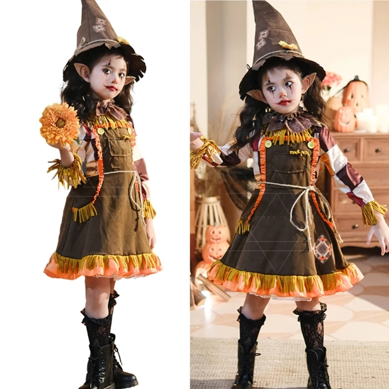 Halloween Fancy Dress Costume Scarecrow Hat Dress Fake Collar Rope Kids Girls