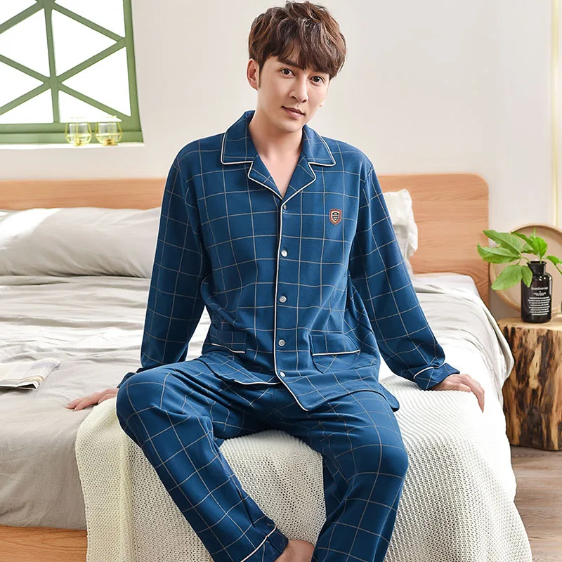 New Arrived Plaid Pajamas Sets Men Long Sleeve Turn-down Collar Pijamas Hombre Spring Autumn Male Casual Tracksuit Big Yards 3XL