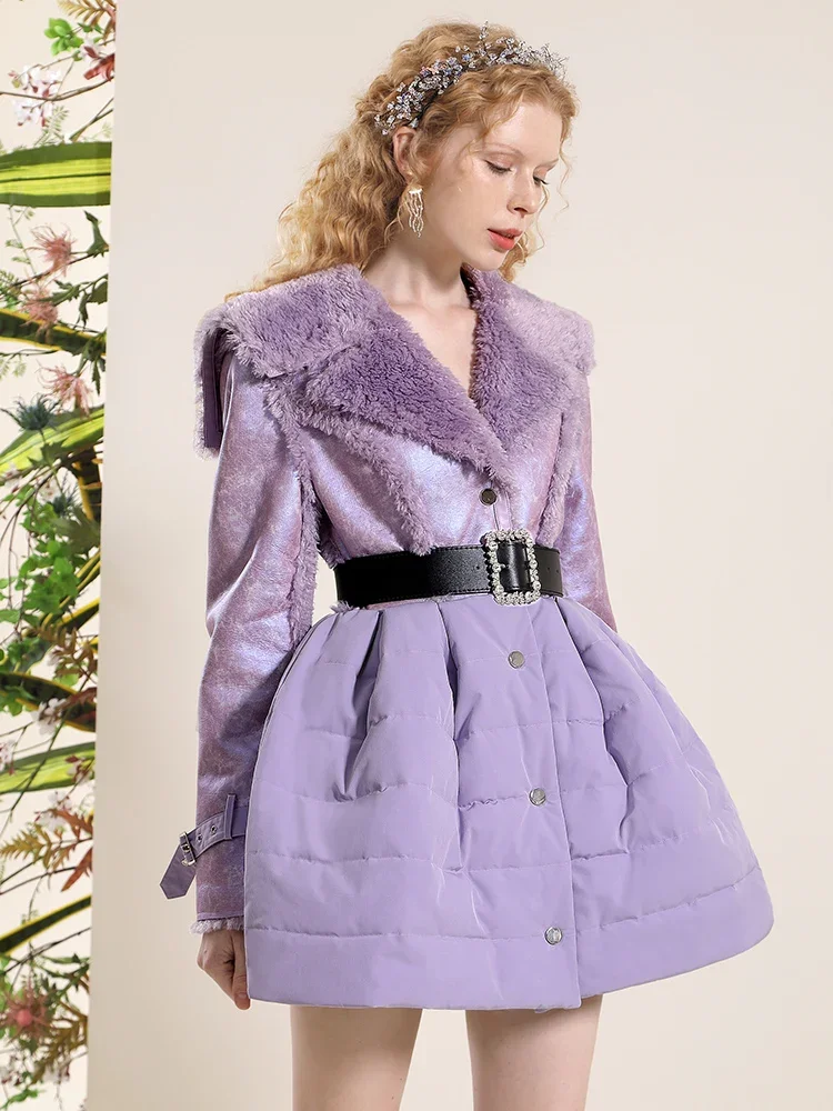 Elegant Lady Purple Lamb Wool Coats 2023 New Winter Clothes Stitching Design Sense Niche Thick Cotton Jacket for Women Long Coat