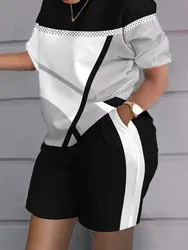 Conjunto corto de camiseta holgada informal con estampado para mujer, camiseta de retazos con cuello redondo a la moda, conjunto de dos piezas y pantalones cortos con bolsillos, trajes blancos