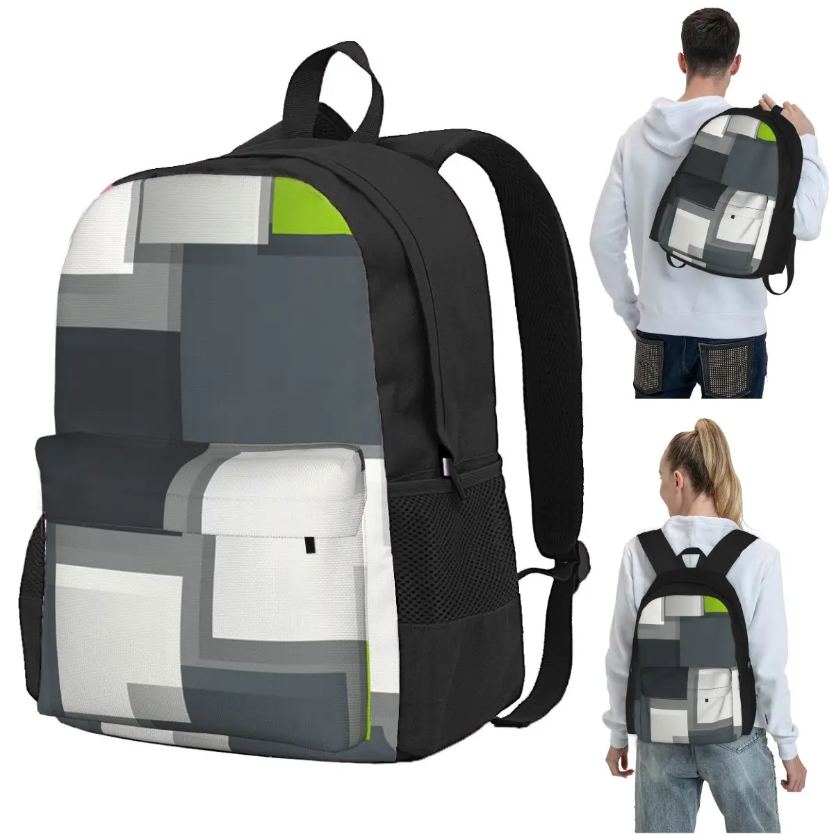 

Architectural-Style Sleek Gray And Lime Green Geometric Backpack Student BookBag School Bag Laptop Shoulder Bags for Boys Girls