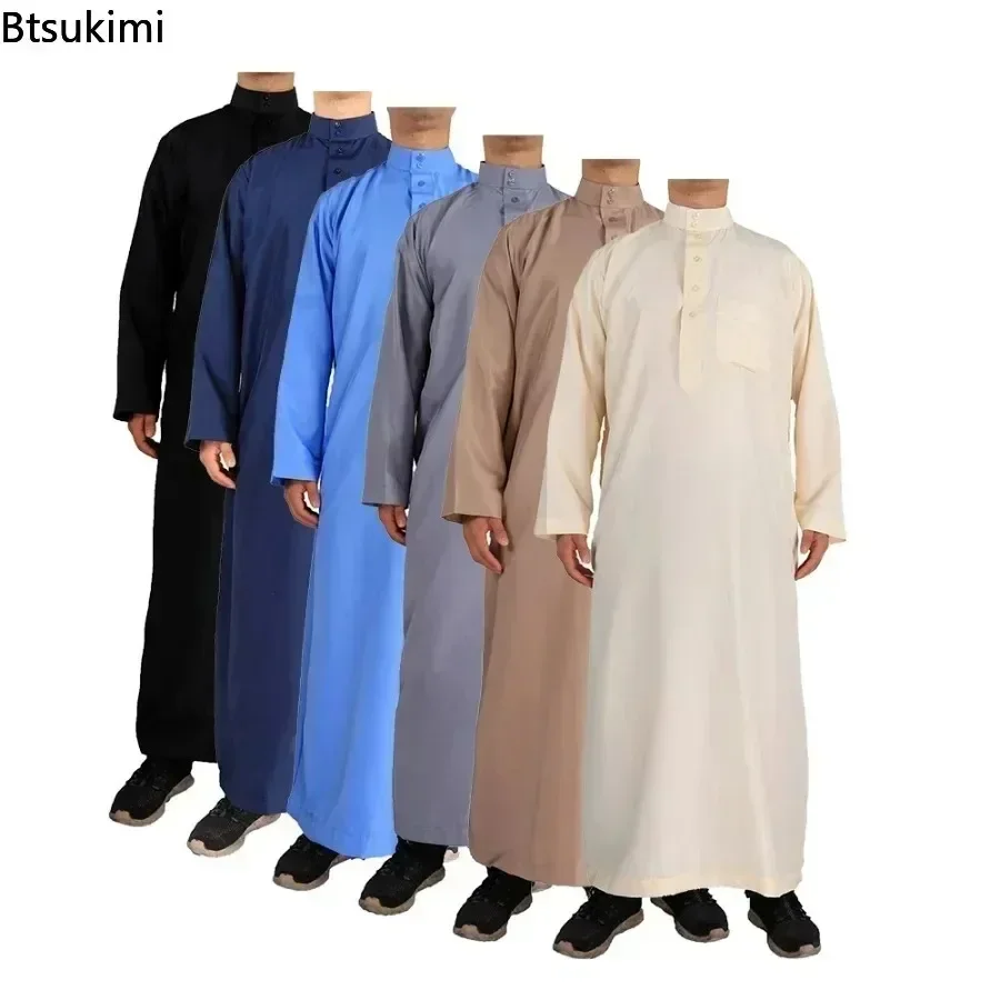 2024 Muslim Fashion Abaya Men's Solid Color Long Sleeve Round Arab Islamic Kaftan Dubai Turkey Loose Casual Robe Men Jubba Thobe