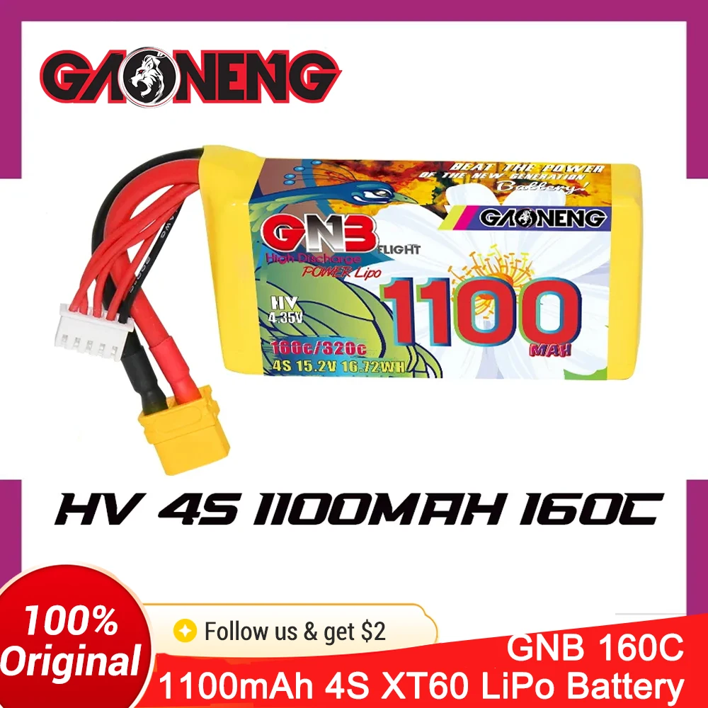 GNB 1100mAh 160C 4S 15.2V Lipo Battery XT60 For 180 to 330mm Brushless FPV, 5 to 6 inch Drone DJI FPV Quads Racing Pilot FPV